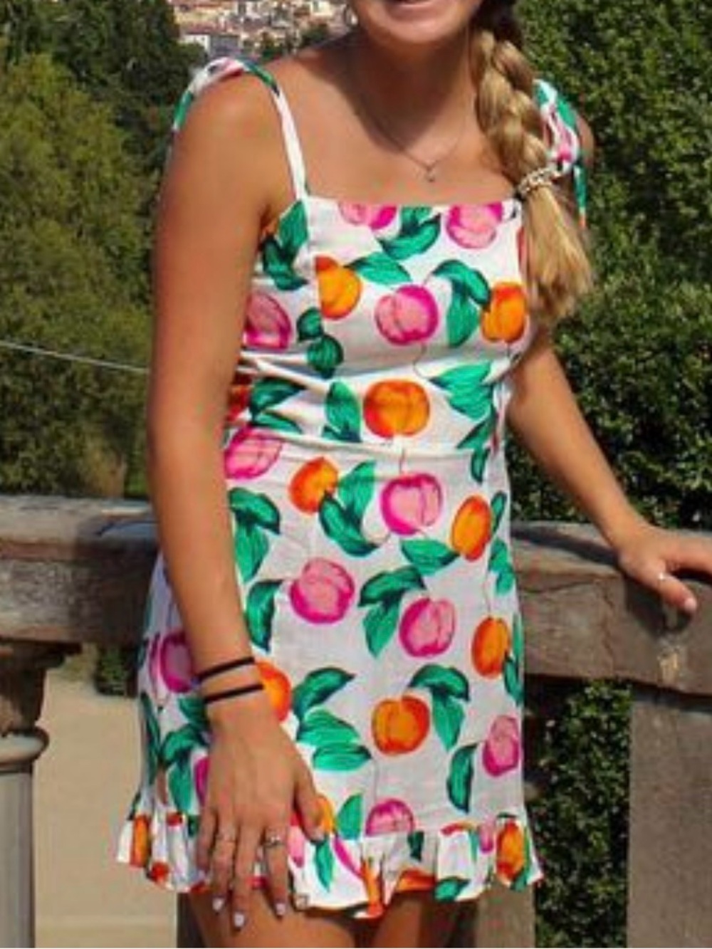 Audrey 3+1 White Mini Dress with Pink & Orange Fruit Motif